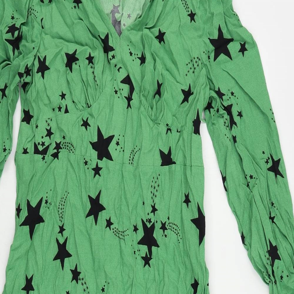 Marks and Spencer Womens Green Geometric Viscose A-Line Size 10 V-Neck Zip - Star Print
