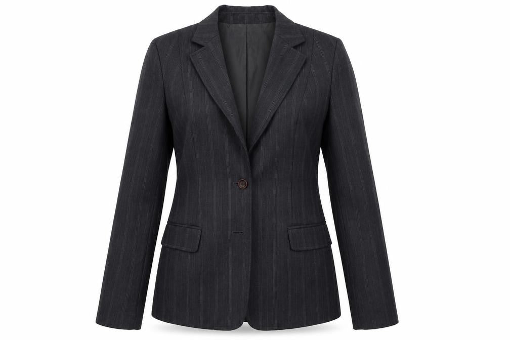Front view of French Connection women’s grey striped jacket blazer, size UK 12, button