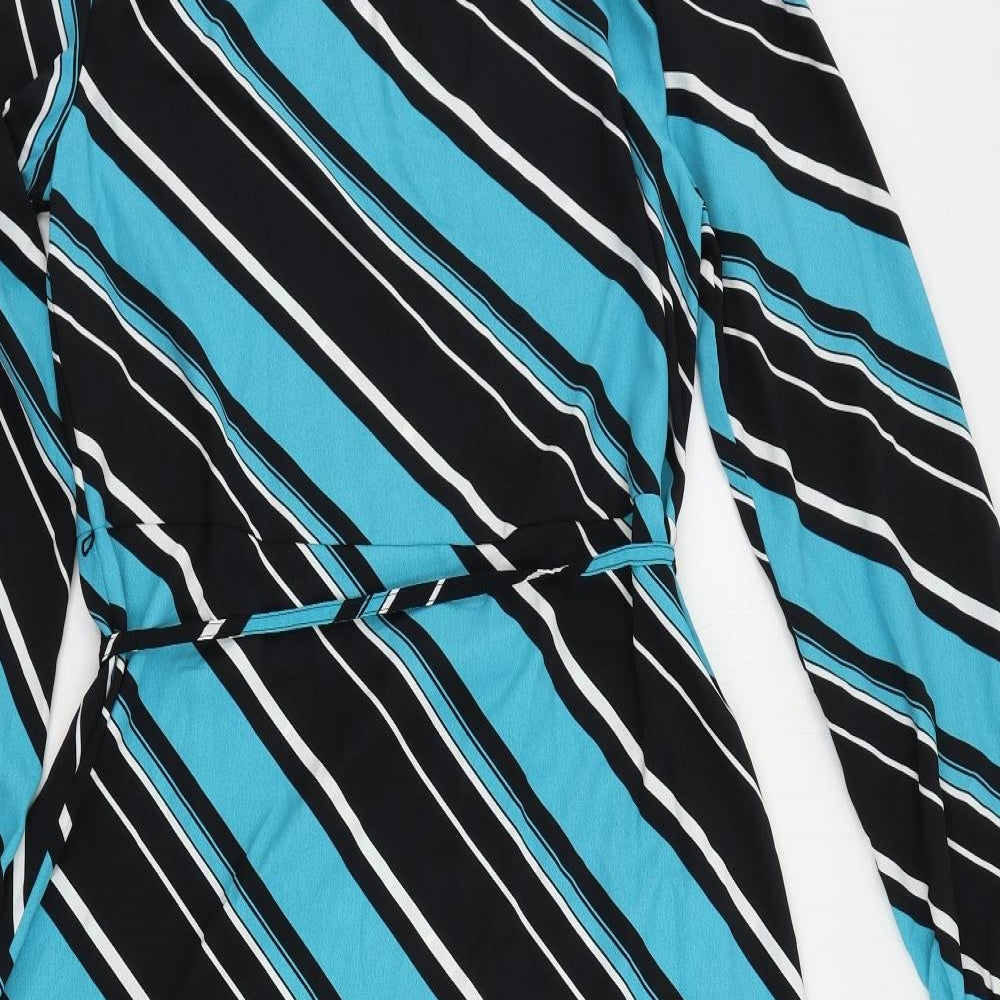 Marks and Spencer Womens Blue Striped Polyester A-Line Size 10 Mock Neck Button