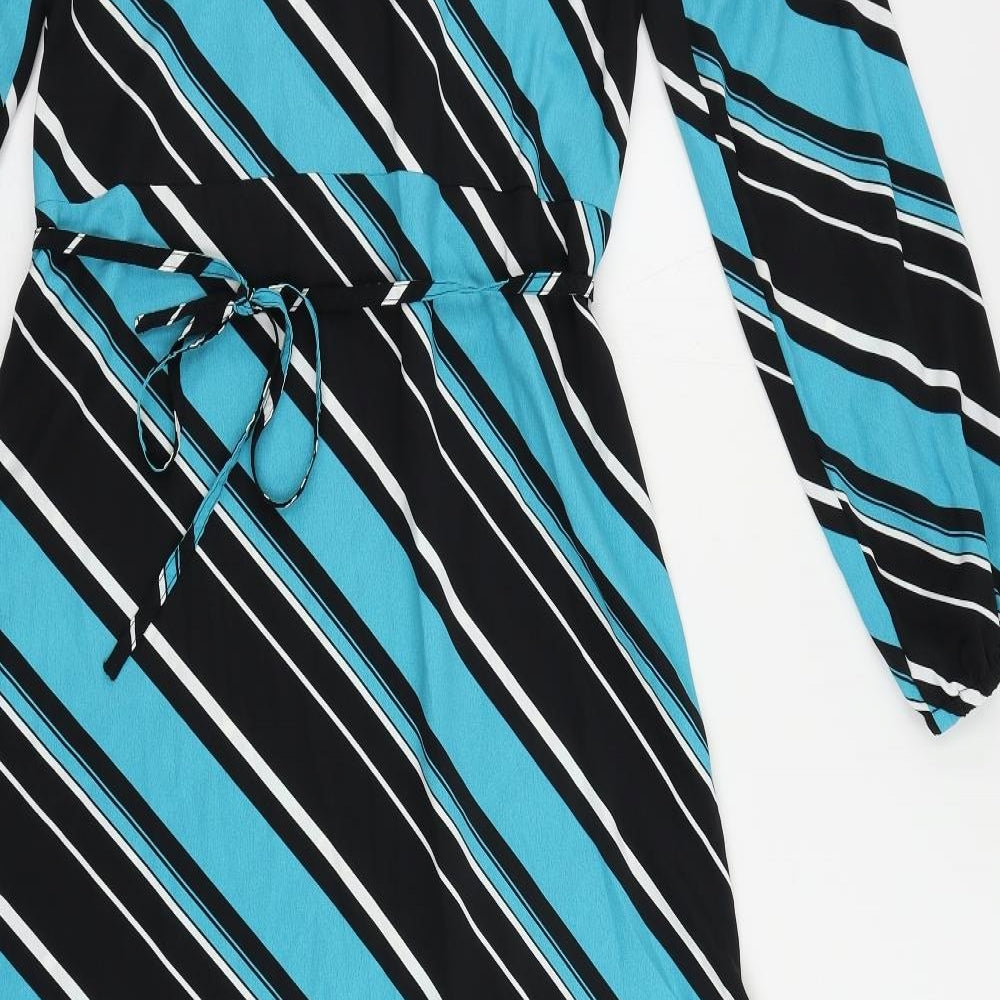 Marks and Spencer Womens Blue Striped Polyester A-Line Size 10 Mock Neck Button