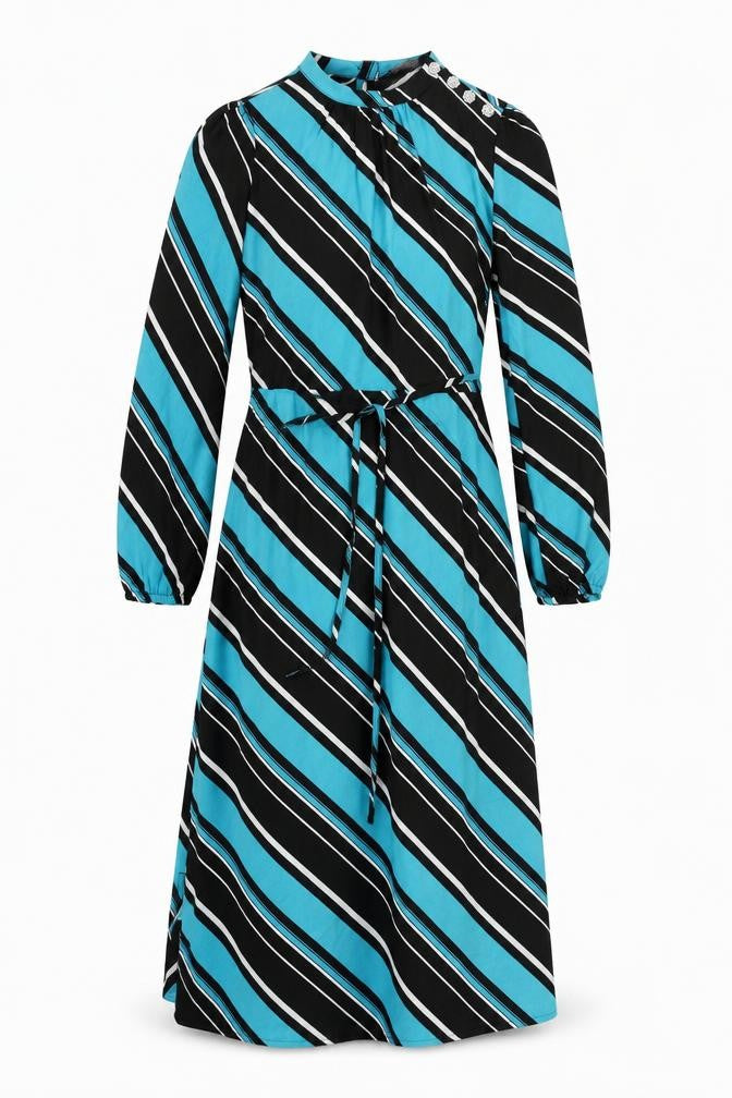 Marks and Spencer Womens Blue Striped Polyester A-Line Size 10 Mock Neck Button