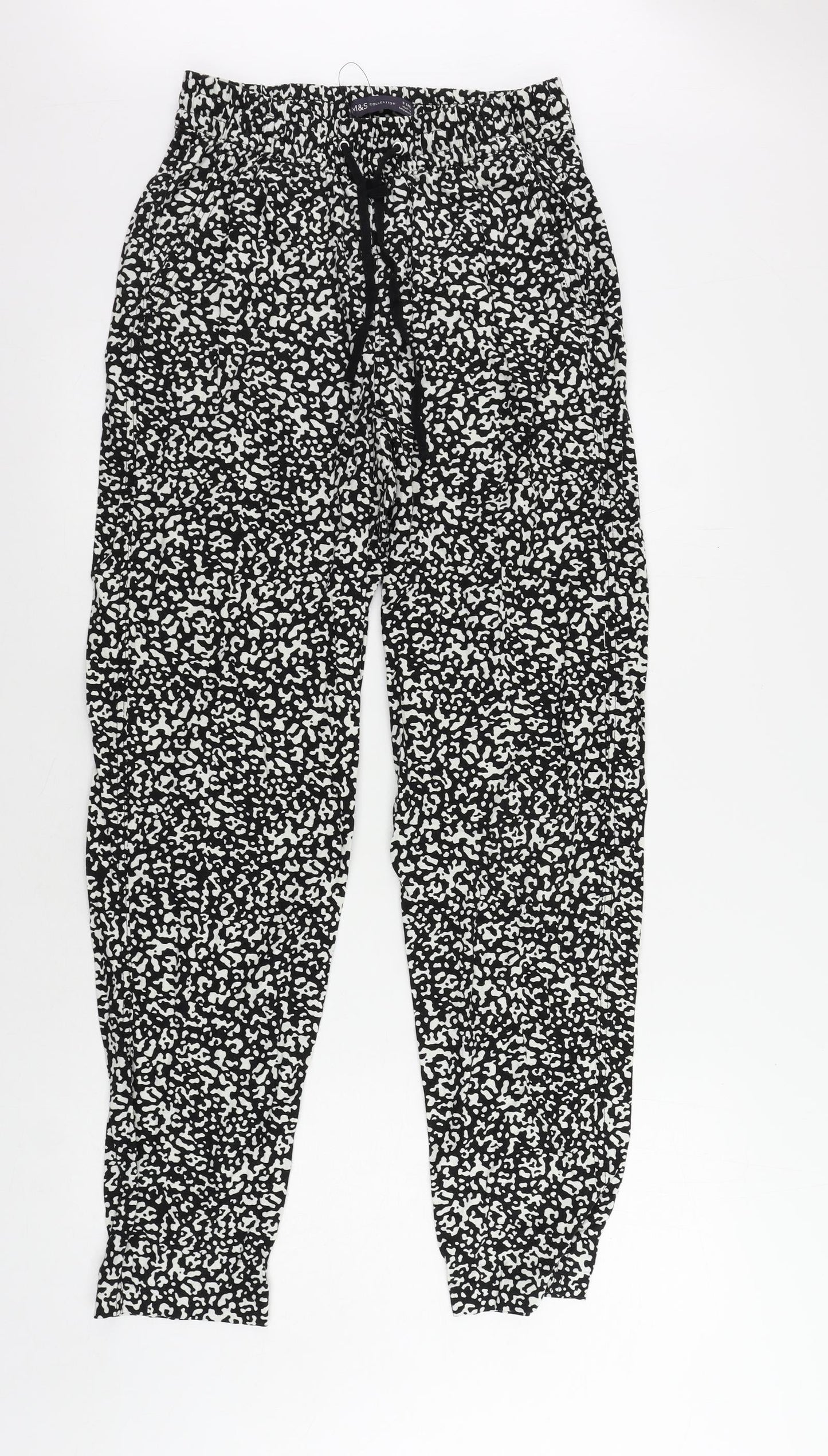 Marks and Spencer Womens Black Animal Print Linen Trousers Size 8 L30 in Regular Drawstring - Elastic Waist
