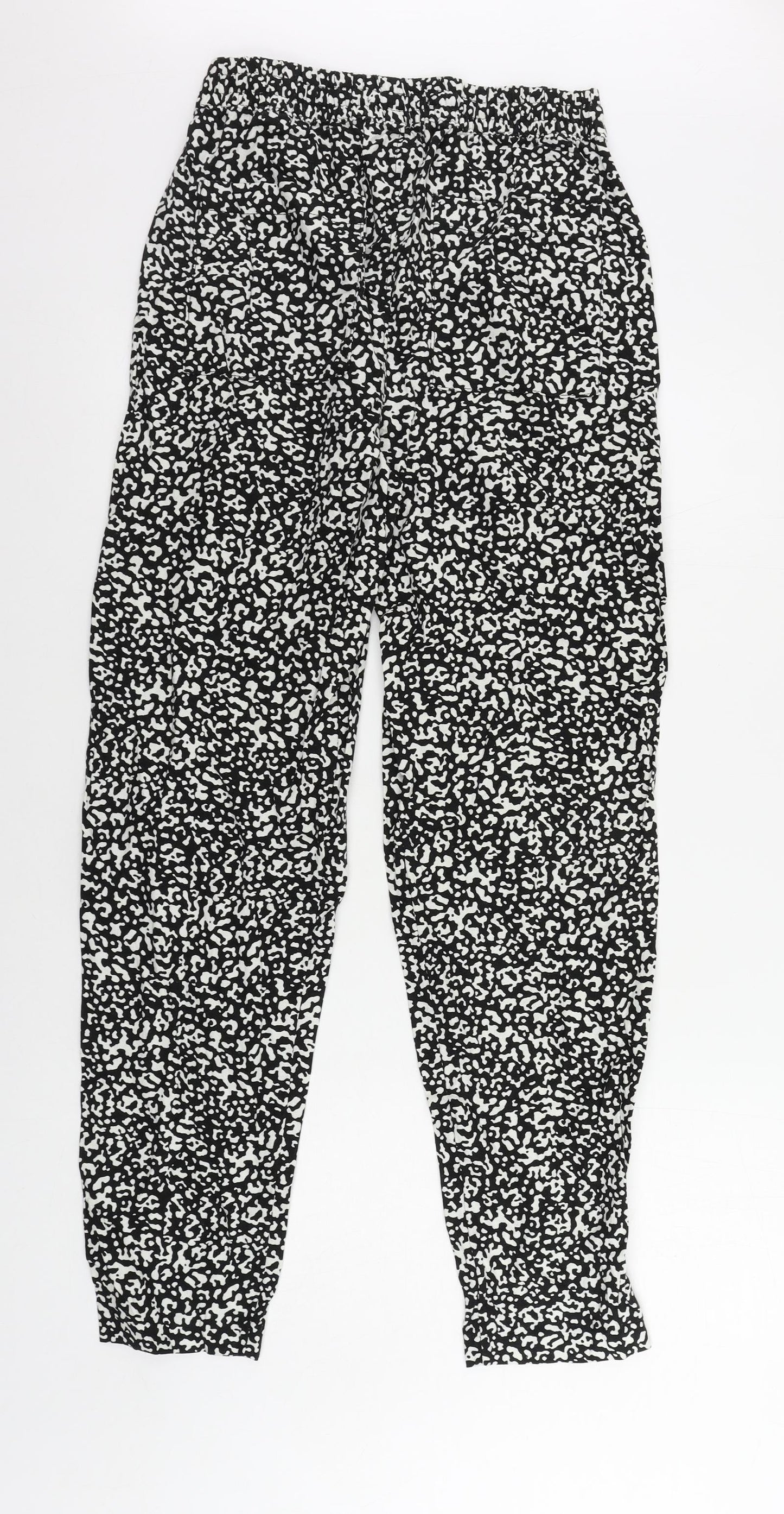 Marks and Spencer Womens Black Animal Print Linen Trousers Size 8 L30 in Regular Drawstring - Elastic Waist