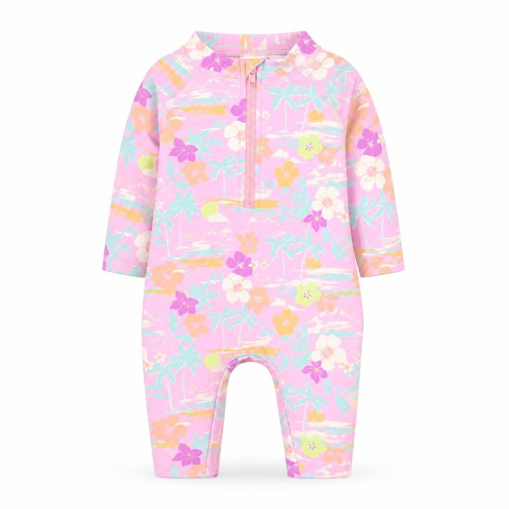 Front view of Marks & Spencer girls’ purple floral polyester bodysuit outfit/set, months zip - swim suit hat included