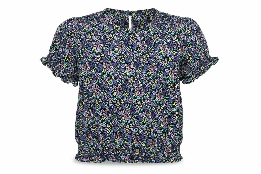 Marks and Spencer Girls Black Floral Viscose Basic Blouse Size 13-14 Years Round Neck Button