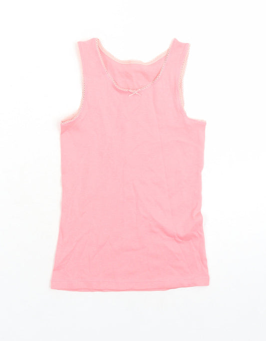 Marks and Spencer Girls Pink 100% Cotton Basic Tank Size 6-7 Years Round Neck Pullover - Bow Detail