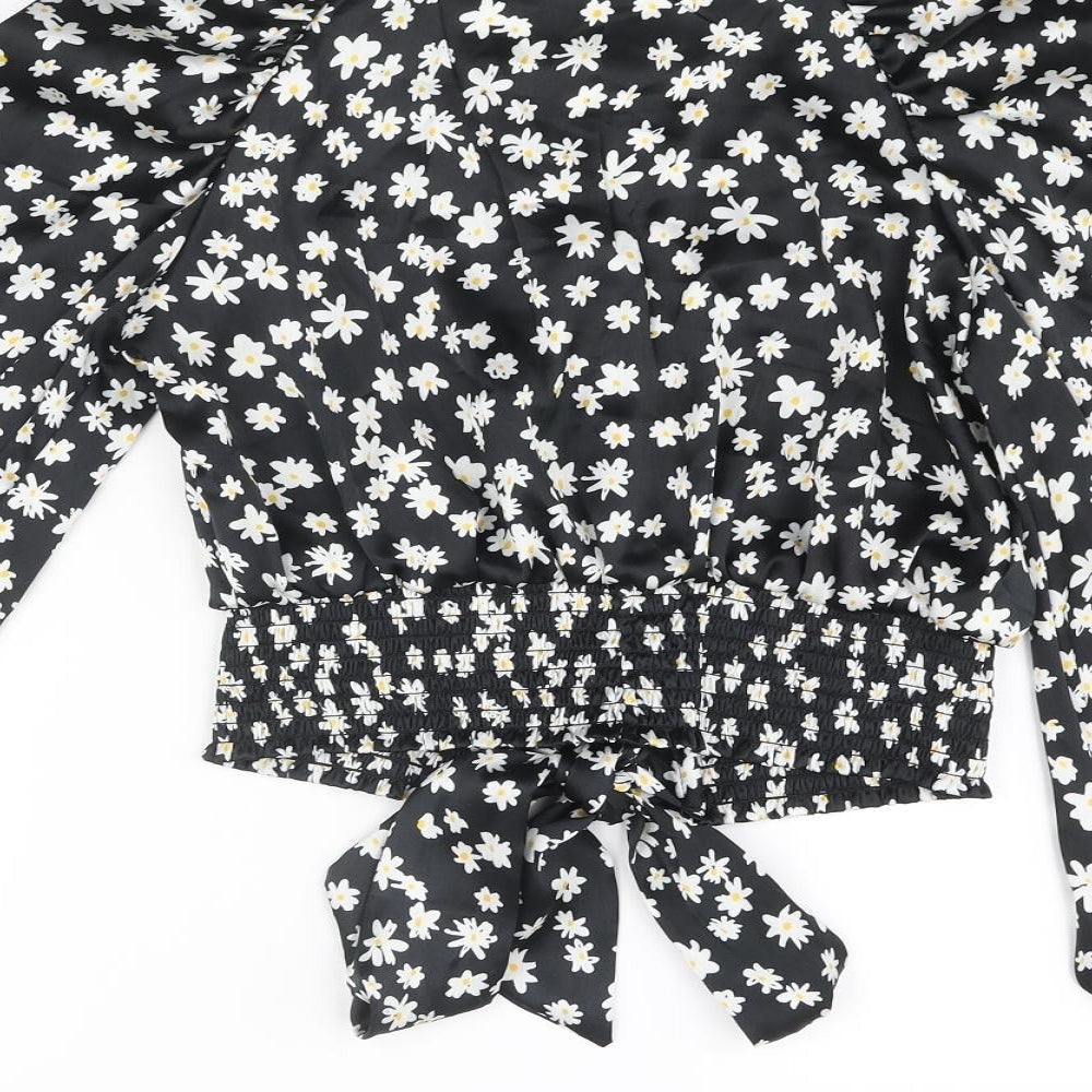 Topshop Womens Black Floral Polyester Basic Blouse Size 8 V-Neck - Bow Rouched