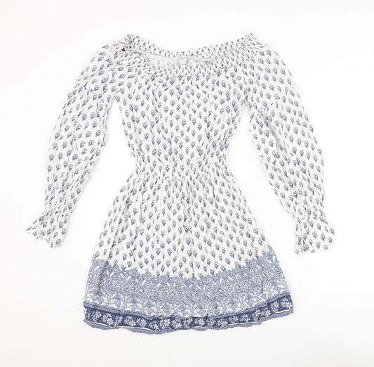 Hollister Womens White Geometric Viscose A-Line Size S Boat Neck Pullover - Floral Print