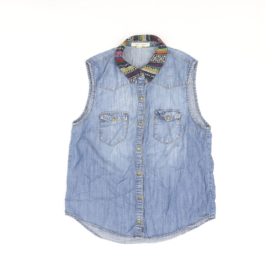 Life In Progress Womens Blue Cotton Basic Blouse Size S Collared