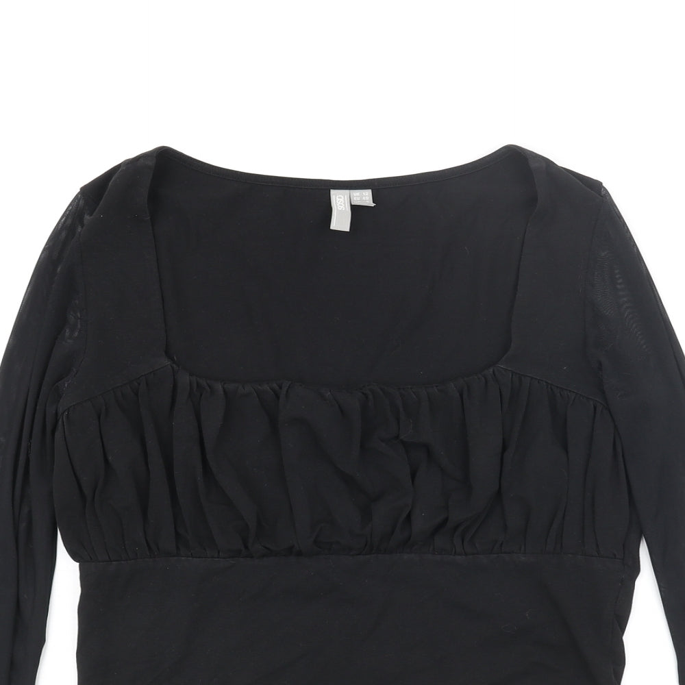 ASOS Womens Black Cotton Basic Blouse Size 12 Scoop Neck - Rouched Mesh Sleeve