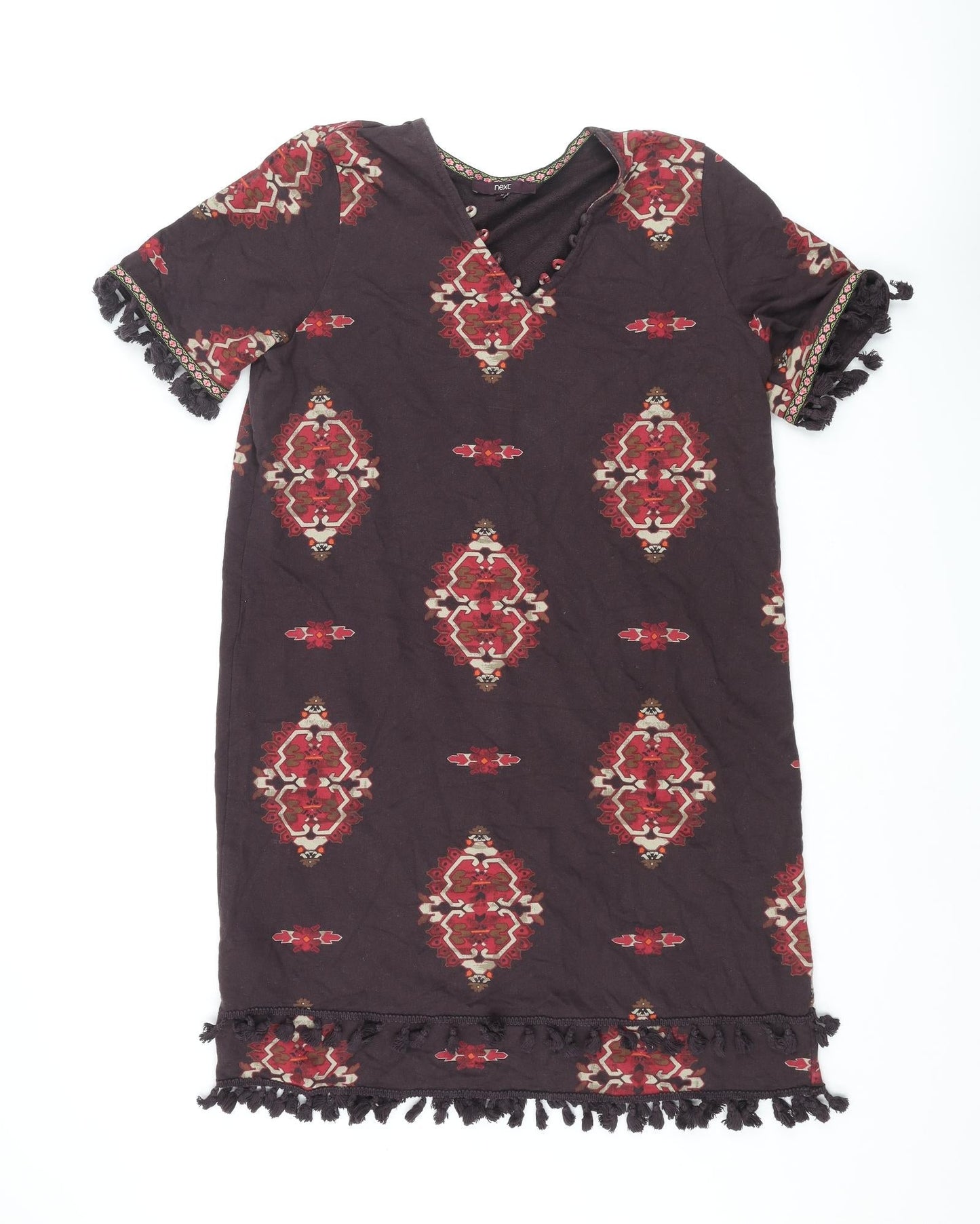 NEXT Womens Brown Geometric Cotton Shift Size 16 V-Neck Pullover - Tassle