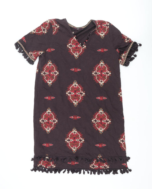 NEXT Womens Brown Geometric Cotton Shift Size 16 V-Neck Pullover - Tassle