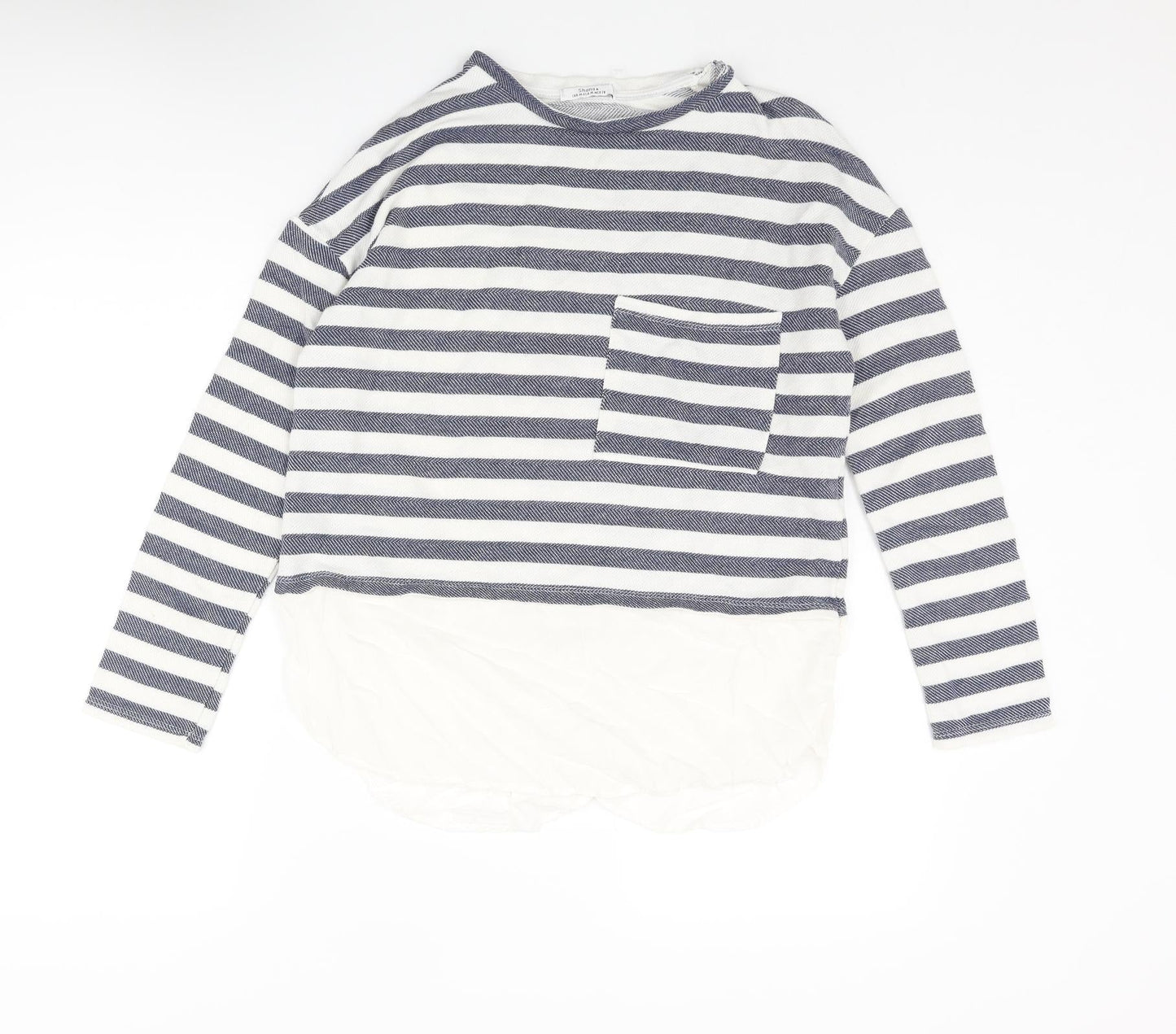 Shana Womens Blue Striped Cotton Basic Blouse Size M Round Neck - Layered