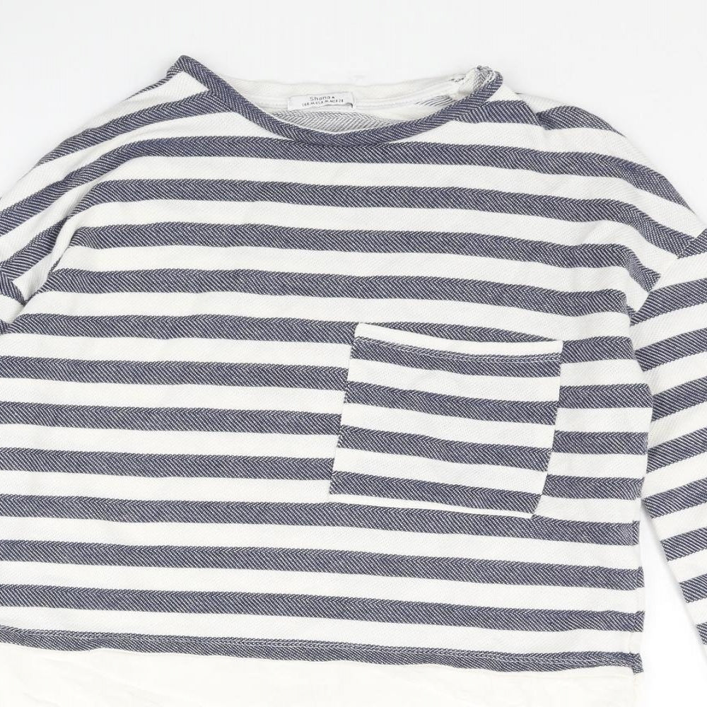Shana Womens Blue Striped Cotton Basic Blouse Size M Round Neck - Layered