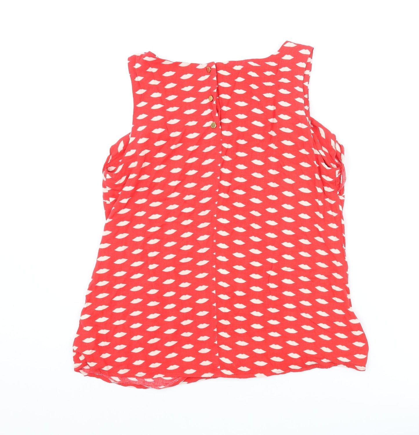 Oasis Womens Red Geometric Viscose Basic Blouse Size 12 Round Neck - Lips Print Frill