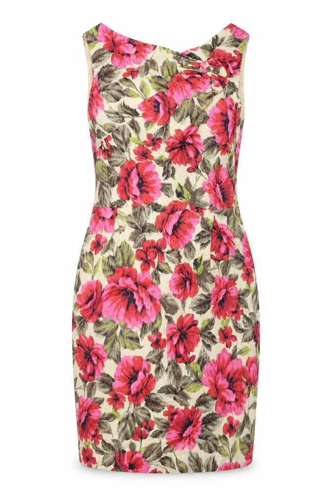 NEXT Womens Multicoloured Floral Linen Pencil Dress Size 8 Round Neck Zip - Slit