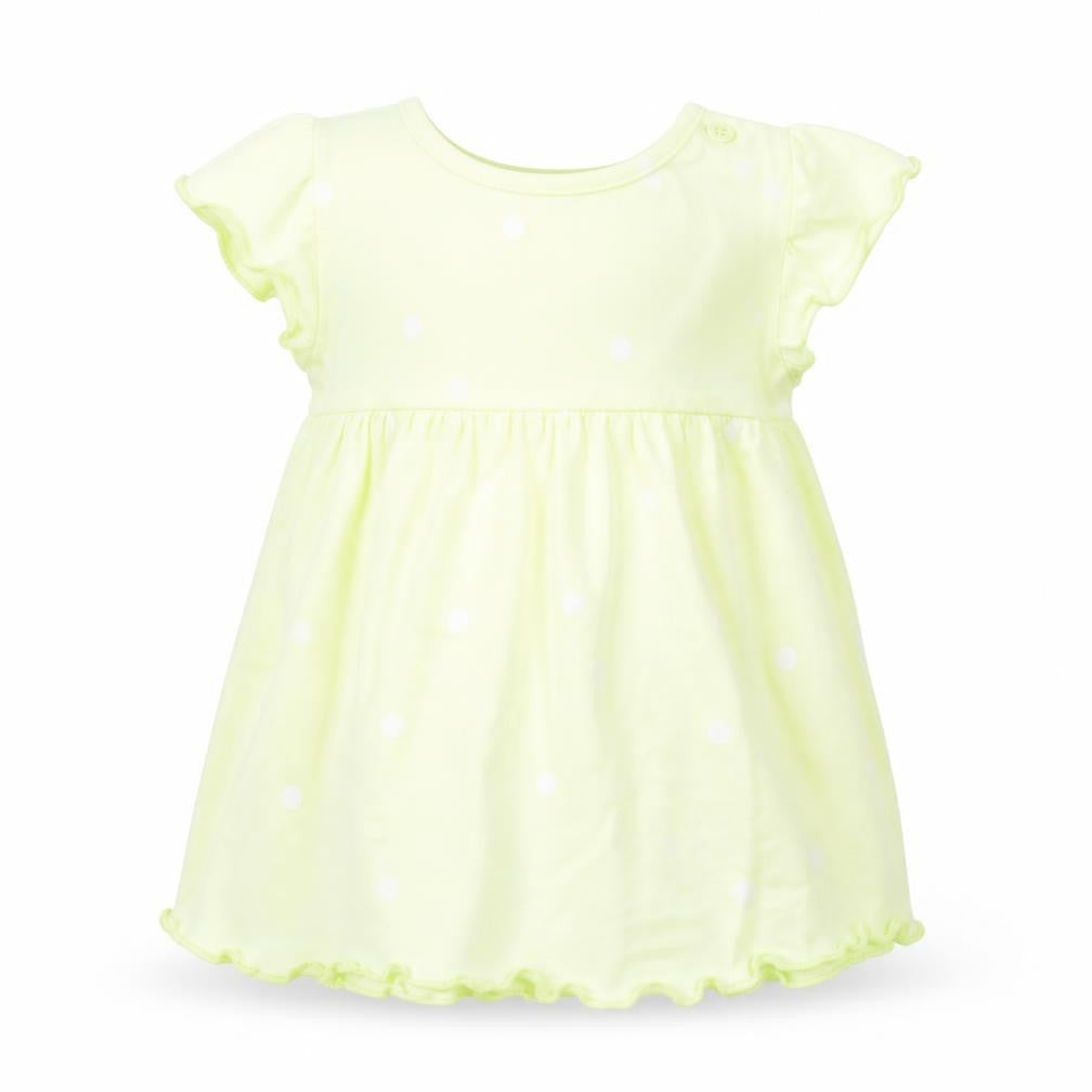 Front view of Marks & Spencer girls’ yellow polka dot cotton a-line, size 0-3, months round neck snap