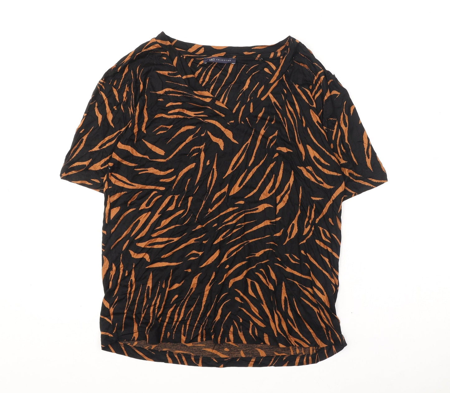 Marks and Spencer Womens Black Geometric Viscose Basic T-Shirt Size 8 V-Neck