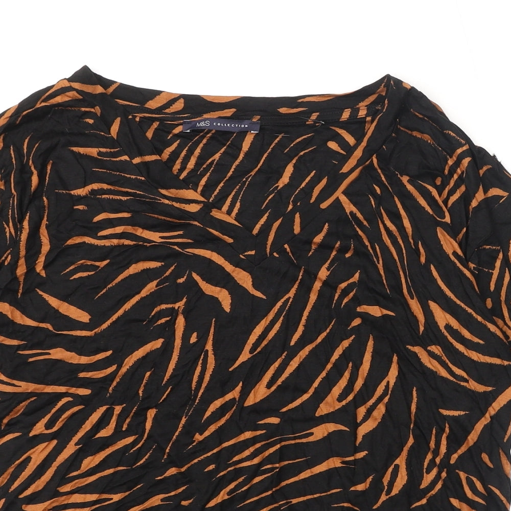 Marks and Spencer Womens Black Geometric Viscose Basic T-Shirt Size 8 V-Neck