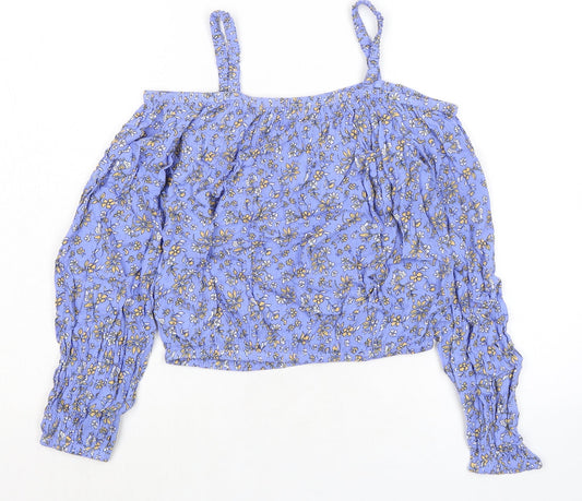 Marks and Spencer Girls Blue Floral Viscose Basic Blouse Size 12-13 Years Square Neck - Cold Shoulder