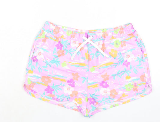 Marks and Spencer Girls Purple Floral 100% Polyester Bermuda Shorts Size 13-14 Years Regular Drawstring - Inside Leg 1.5in