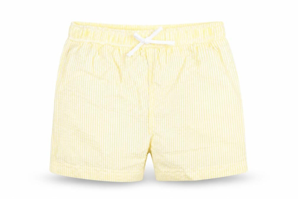Front view of Marks & Spencer Baby Yellow Striped Cotton Cropped Trousers, Months Drawstring - Waist 18in Inside Leg 3in