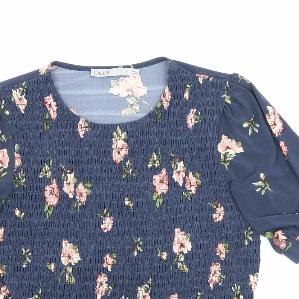 Oasis Womens Blue Floral Polyester Basic T-Shirt Size S Round Neck