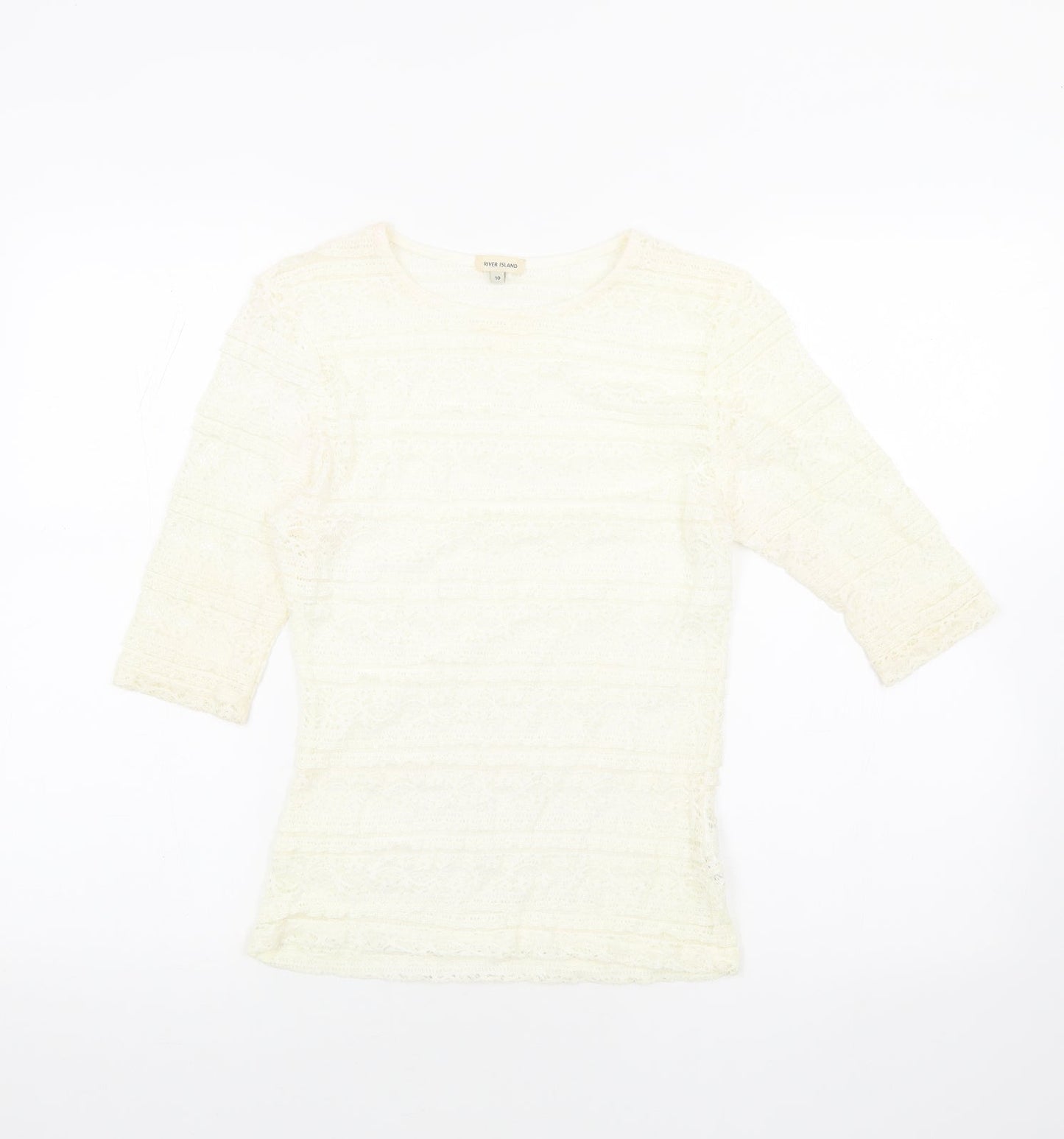 River Island Womens Ivory Geometric Polyamide Basic Blouse Size 10 Round Neck - Lace