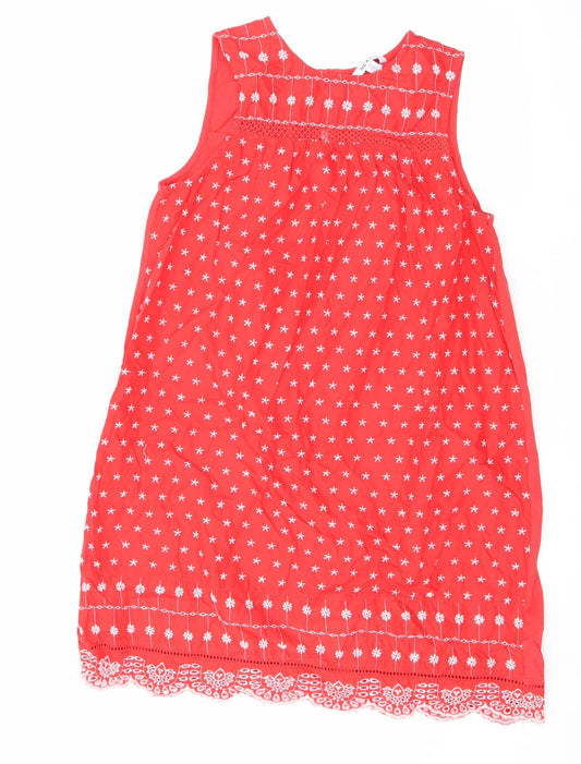 NEXT Womens Red Geometric Cotton A-Line Size 14 Round Neck Button - Embroidered