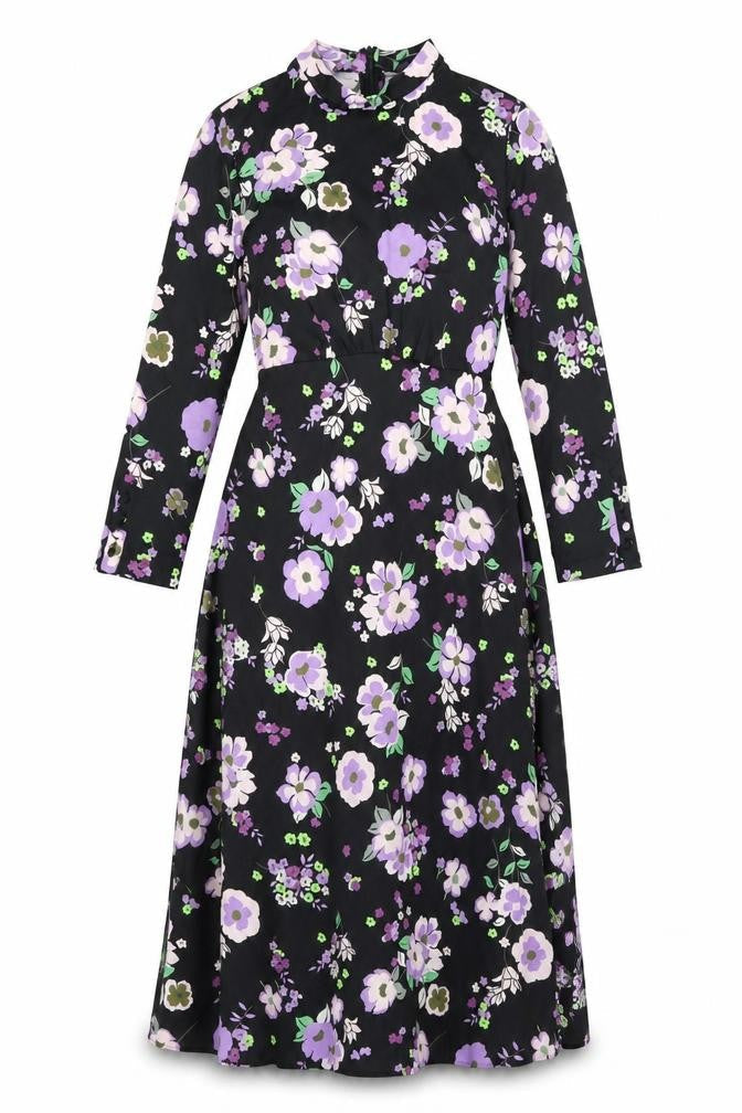 Marks and Spencer Womens Black Floral Polyester A-Line Size 8 Round Neck Zip