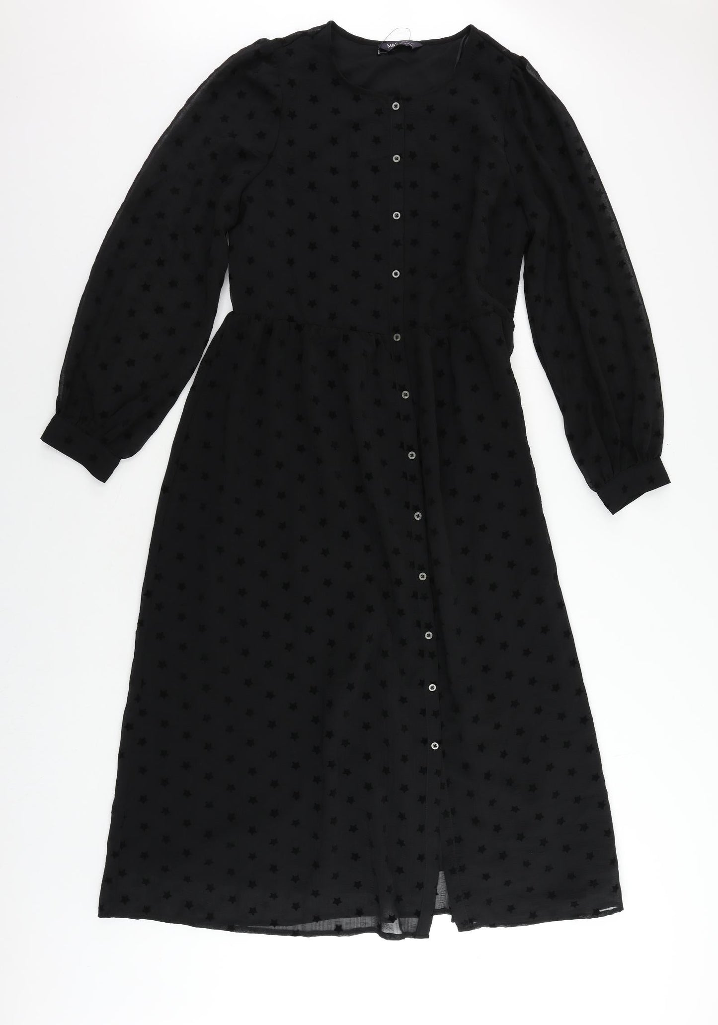 Marks and Spencer Womens Black Geometric Polyester A-Line Size 10 Round Neck Button - Star Pattern