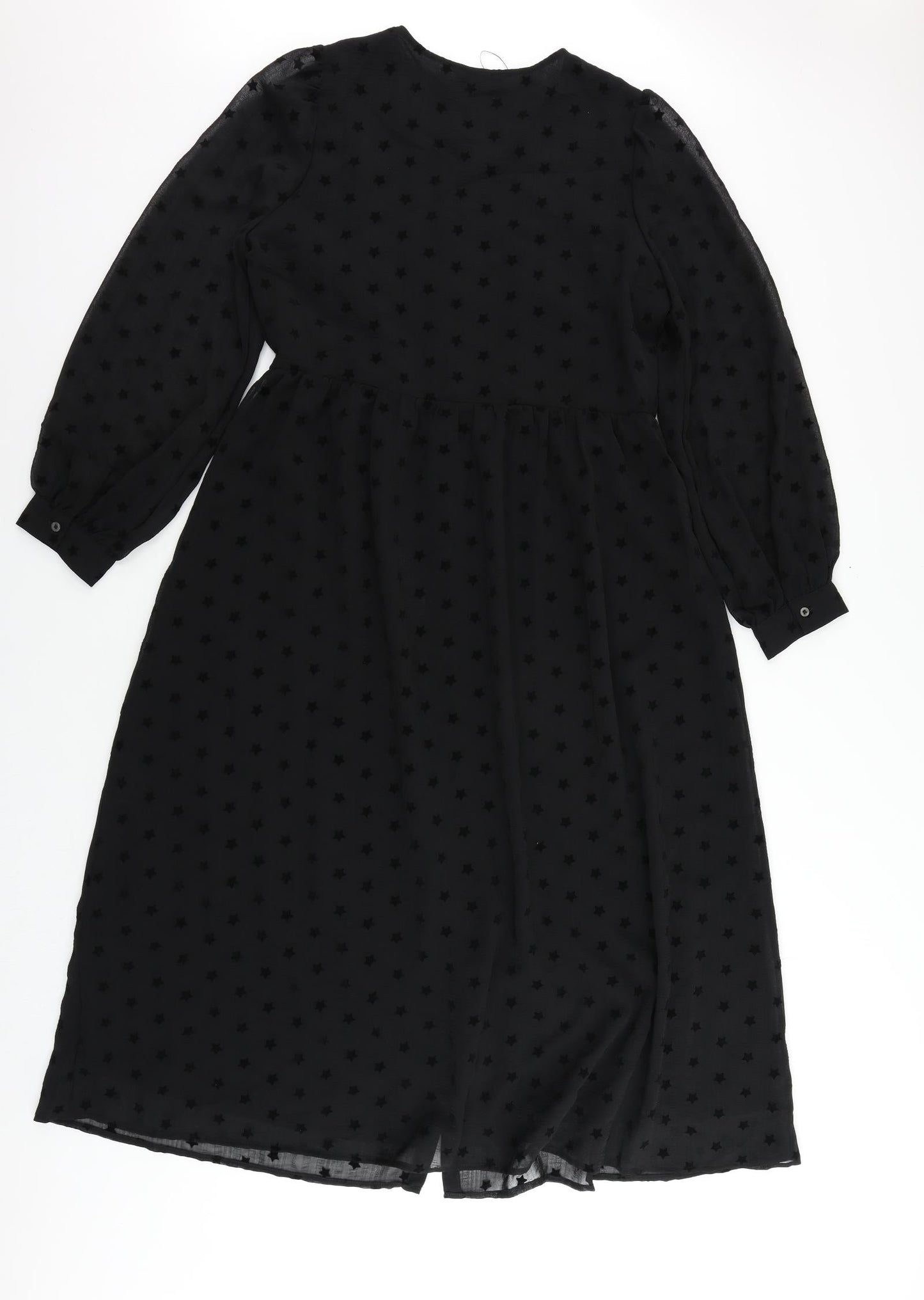 Marks and Spencer Womens Black Geometric Polyester A-Line Size 10 Round Neck Button - Star Pattern