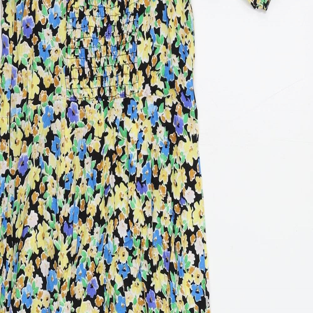 Marks and Spencer Womens Multicoloured Floral Viscose A-Line Size 8 V-Neck Zip - Shirred Back