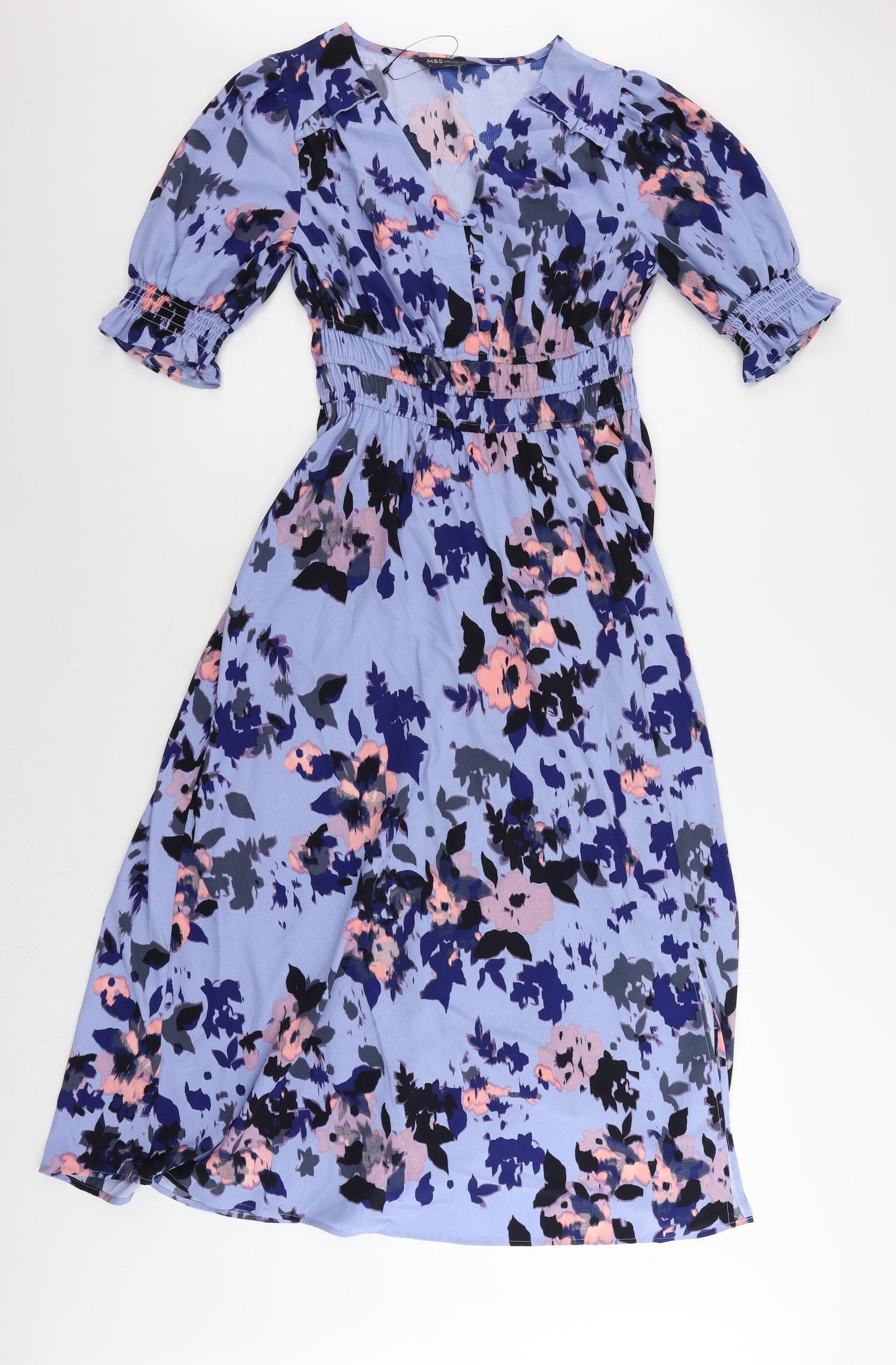 Marks and Spencer Womens Blue Geometric Polyester Maxi Size 6 V-Neck Button - Elastic Waist