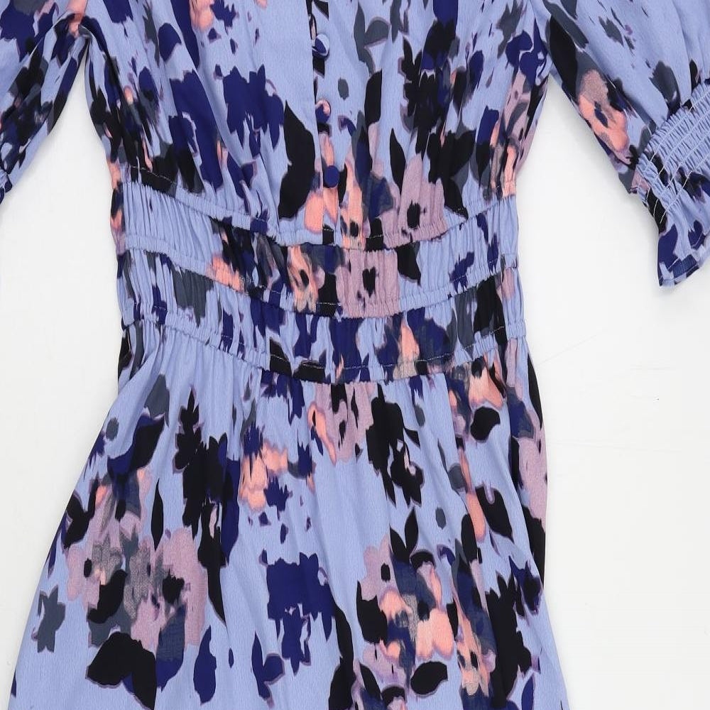 Marks and Spencer Womens Blue Geometric Polyester Maxi Size 6 V-Neck Button - Elastic Waist