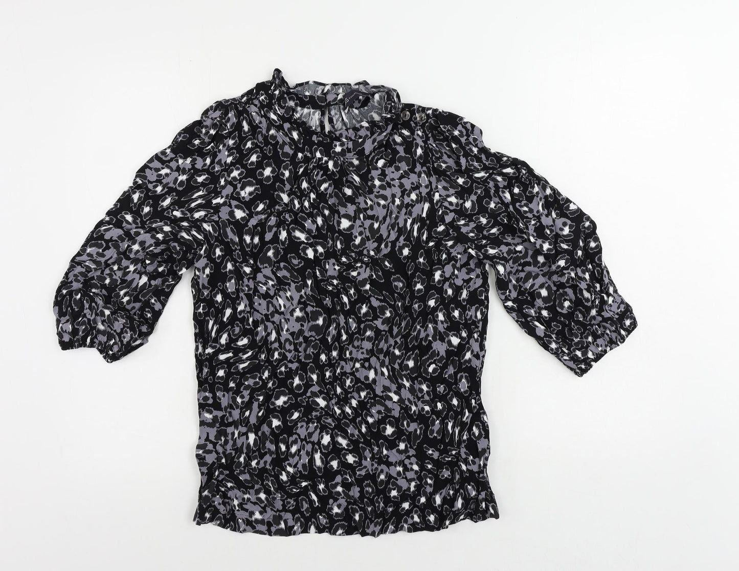 Marks and Spencer Womens Black Animal Print Viscose Basic Blouse Size 8 Mock Neck