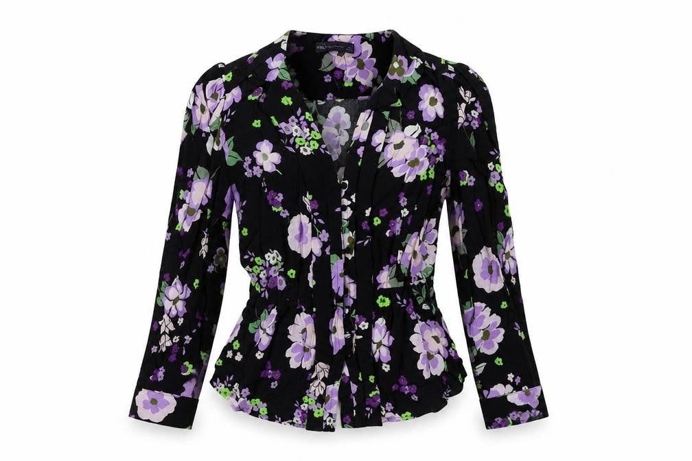 Marks and Spencer Womens Black Floral Viscose Basic Button-Up Size 6 V-Neck