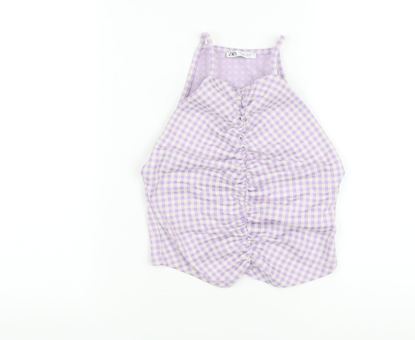 Zara Womens Purple Check Cotton Cropped T-Shirt Size S Square Neck