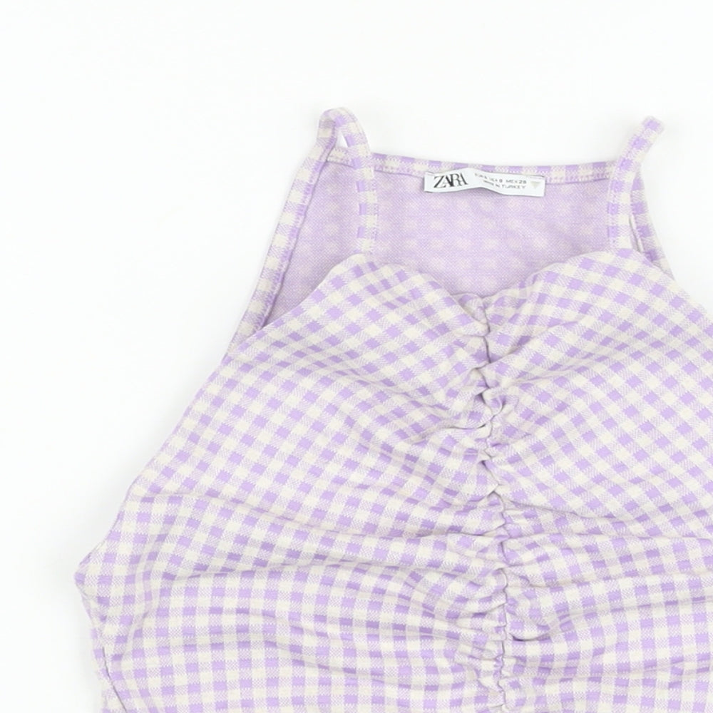 Zara Womens Purple Check Cotton Cropped T-Shirt Size S Square Neck