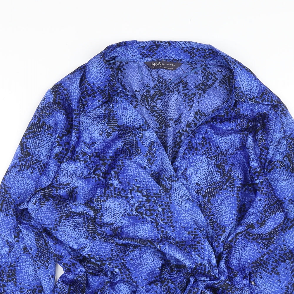 Marks and Spencer Womens Blue Animal Print Polyester Basic Blouse Size 12 V-Neck