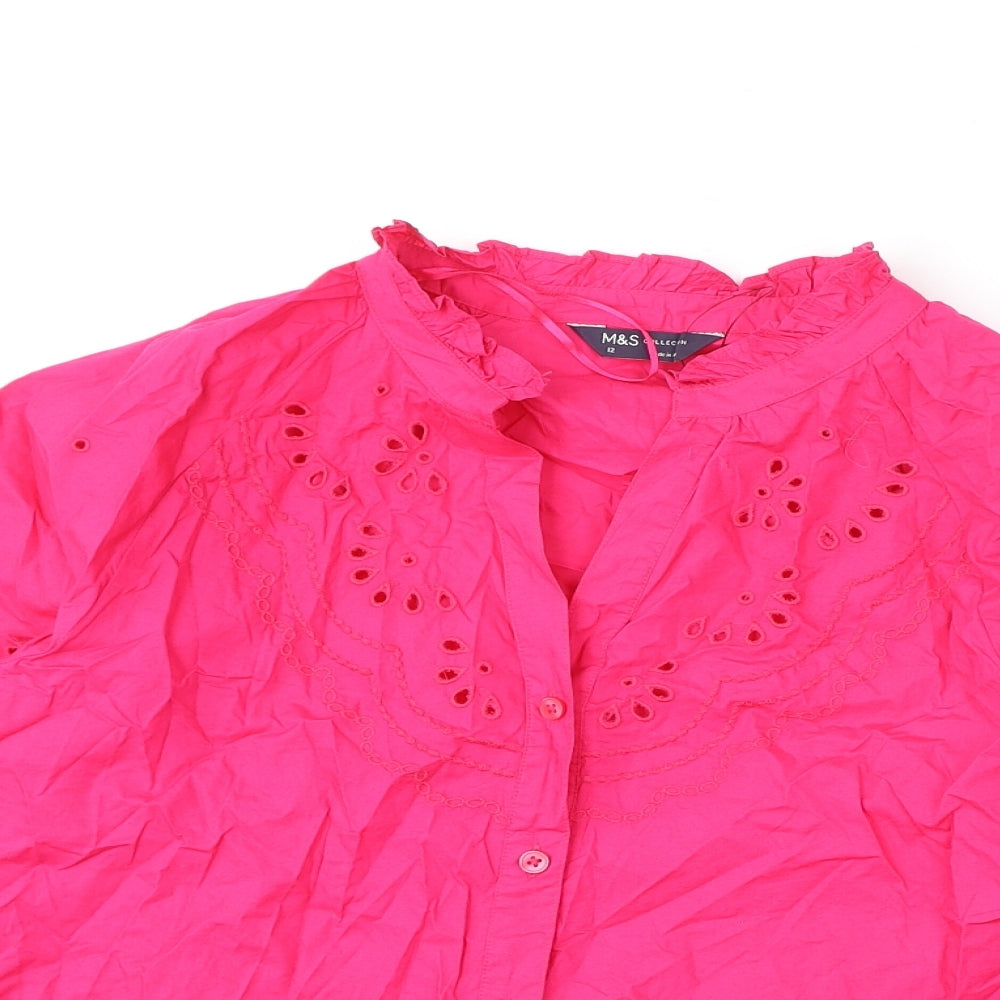 Marks and Spencer Womens Pink 100% Cotton Basic Button-Up Size 12 V-Neck - Embroidery