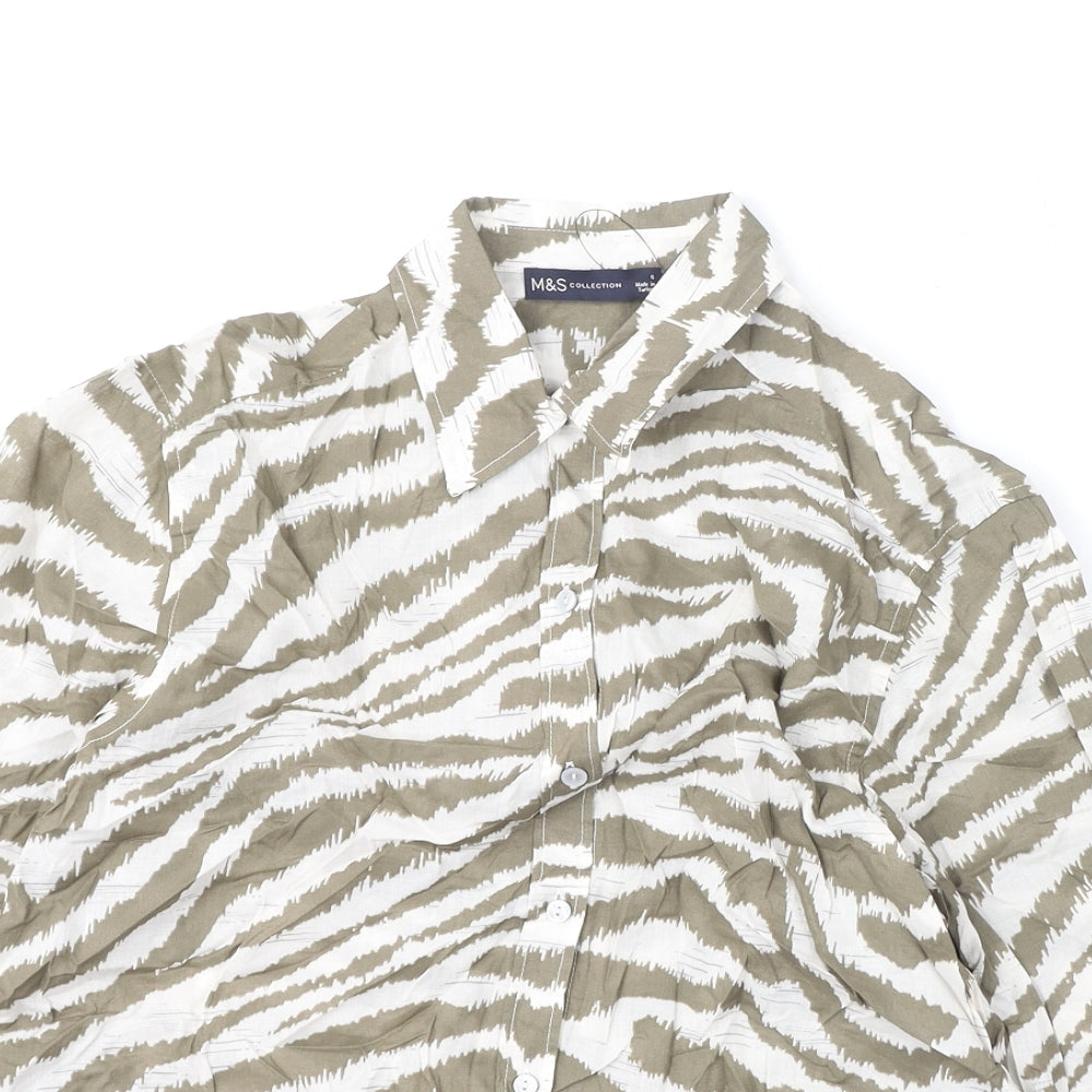 Marks and Spencer Womens Brown Animal Print 100% Cotton Basic Button-Up Size 6 Collared - Tiger Print