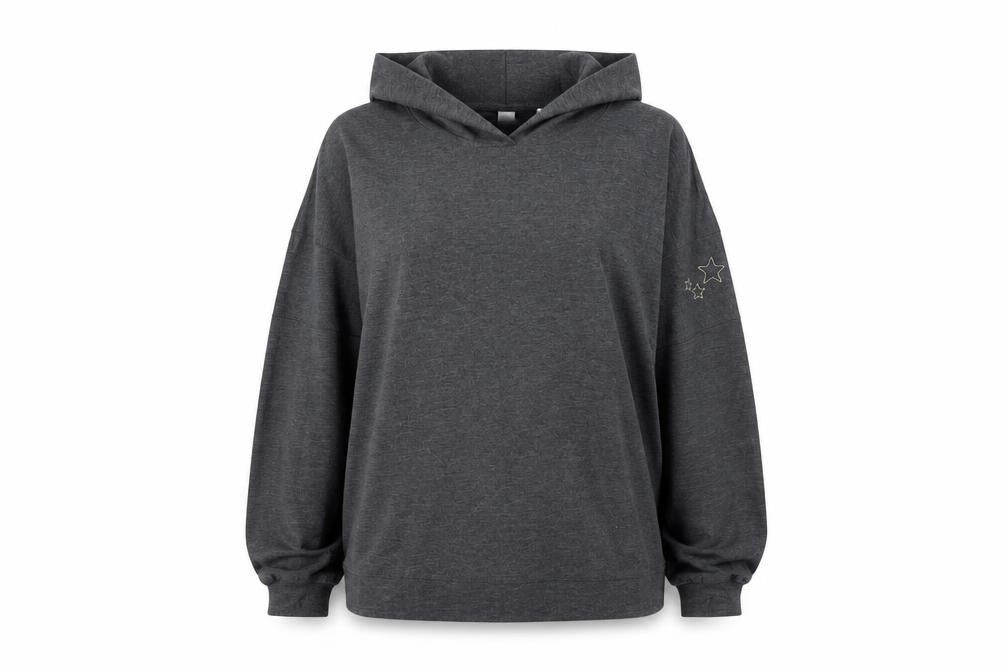 Front view of AND/OR women’s grey polyester pullover hoodie, size UK 12, pullover - embroidery, stars
