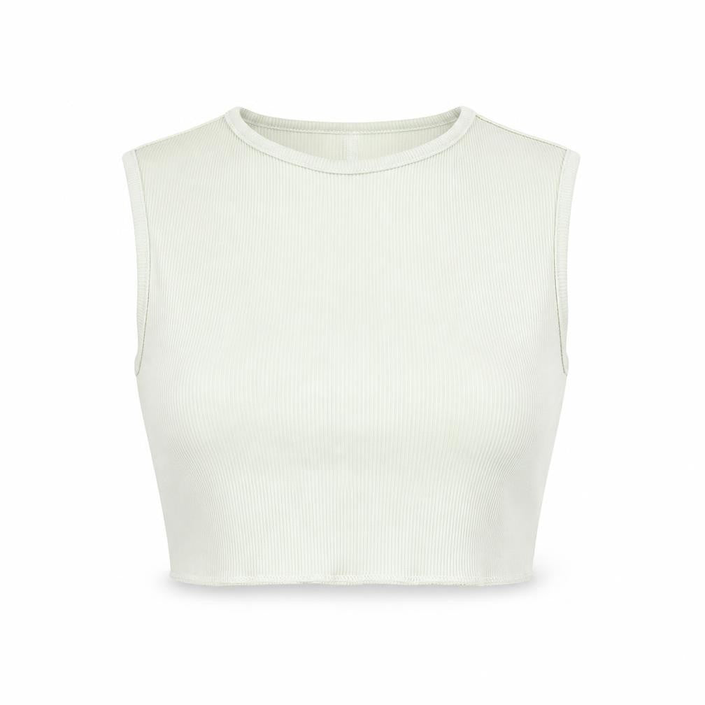Front view of In the Style women’s green polyester cropped tank, size UK 10, round neck - ribbed