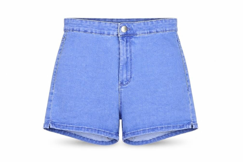 Front view of Denim & Co. women’s blue cotton hot pants shorts, size UK 10, regular zip