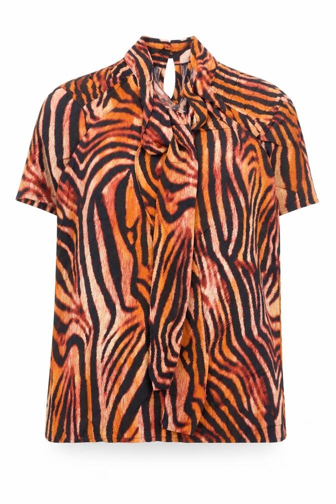 Madeleine Womens Orange Animal Print Viscose Basic Blouse Size 8 Round Neck - Tiger Print, Tie Detail