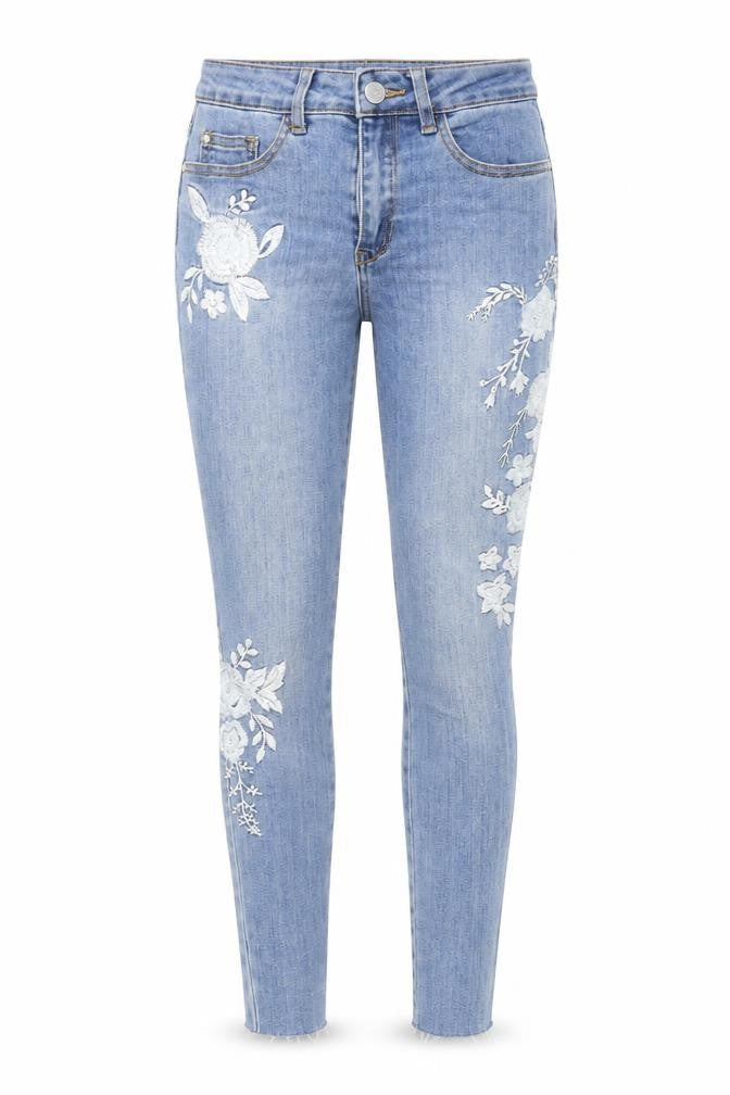 Front view of Denim & Co. women’s blue cotton skinny jeans, size UK 10, 25-inch leg regular zip - floral embroidery