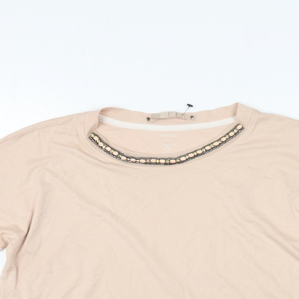 Marc Cain Womens Pink Cotton Basic T-Shirt Size 10 Round Neck - Rhinestone Neckline Detail