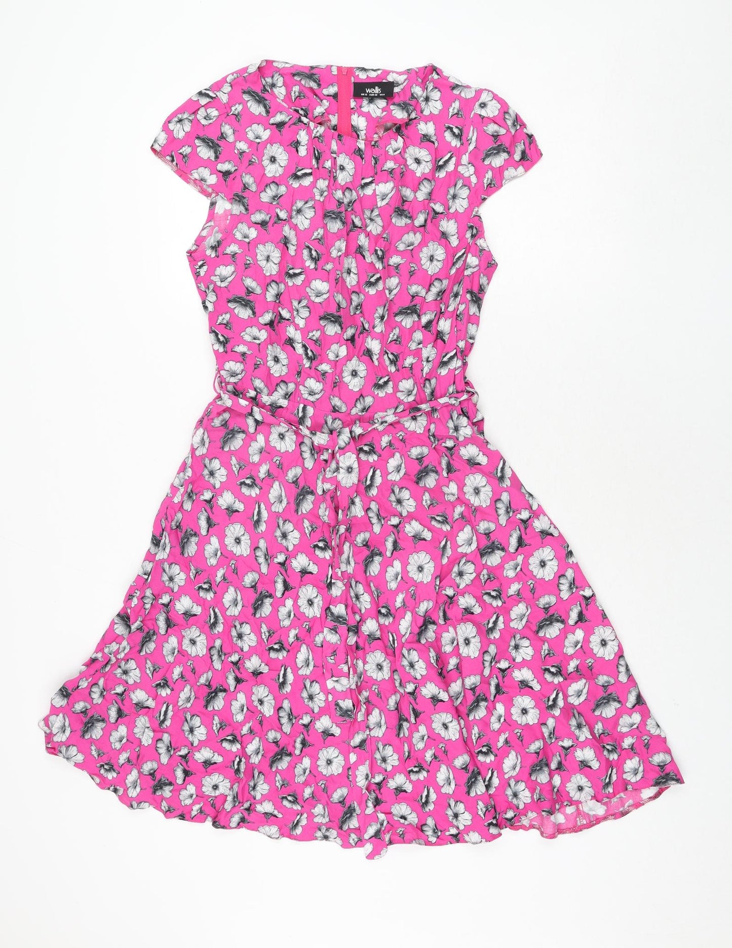 Wallis Womens Pink Viscose Fit & Flare Size 12 Round Neck Zip - Belted