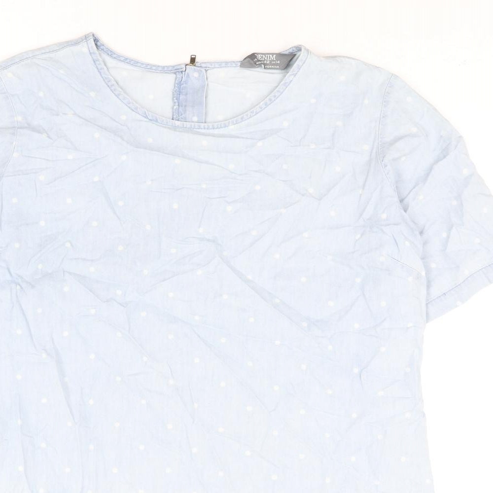 Dorothy Perkins Womens Blue Polka Dot Cotton Shift Size 14 Round Neck Zip